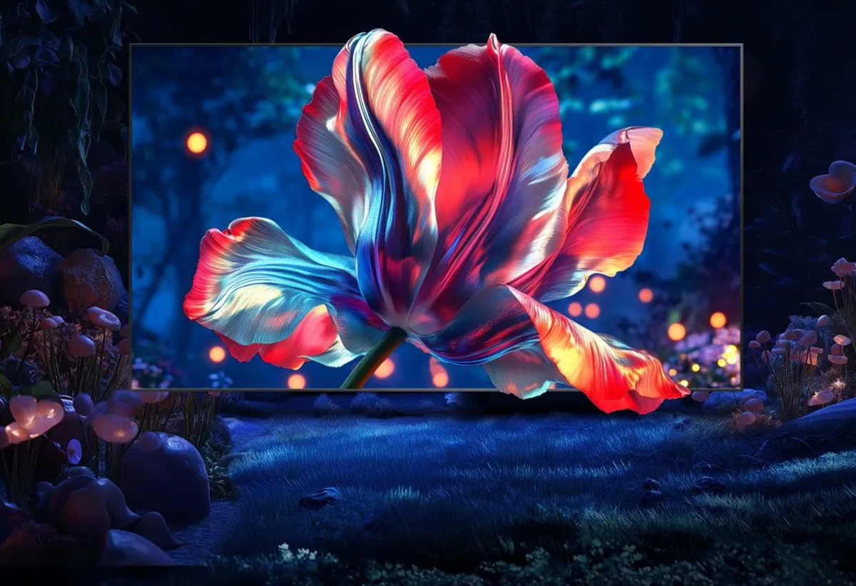 Απεικονίζεται λουλούδι με ζωντανά χρώματα στην τηλεόραση.